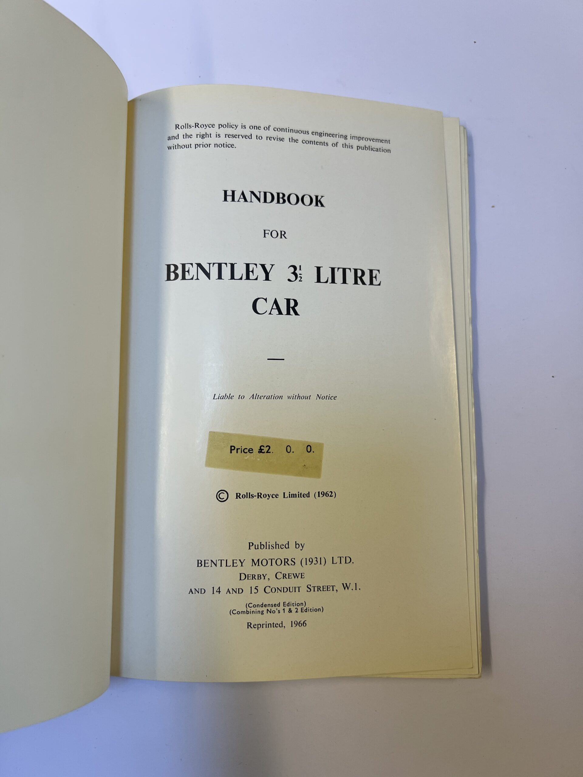 Handbook For Derby Bentley 3 1/2 Litre Condensed Edition 1966 reprint - Image 2